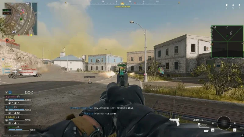 First-person Call Of Duty view with a green square radar overlay and player name tags